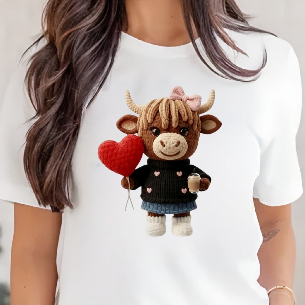 Highland Cow holding a red heart and a coffee drink T Shirt